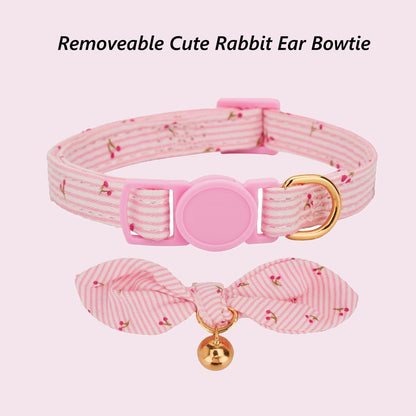 2 Pack Breakaway Cotton Cat Collars with Cute Bunny Ear Bowtie and Bell, Pink Floral Female Kitten Collars
