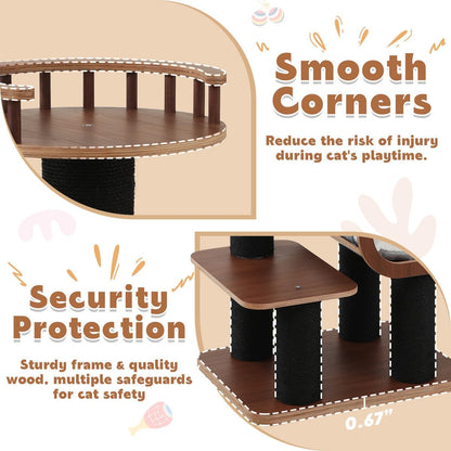 70.9'' Black Cat Tree for Indoor Cats Large Adult, Heavy Duty Cat Tower with Scratching Post, Modern Kitty Tree with Removable Mats, Semi-closed Condo and Transparent Bowl, Wooden Luxury Cat Furniture