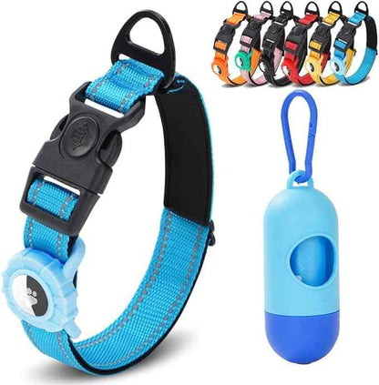 JSXD AirTag Dog Collar, Night Reflective Nylon Dog Collar for Small Medium Large Dogs,Lockable Quick Release Buckle,Padded Breathable Pet Collar with AirTag Holder (Blue, Medium)