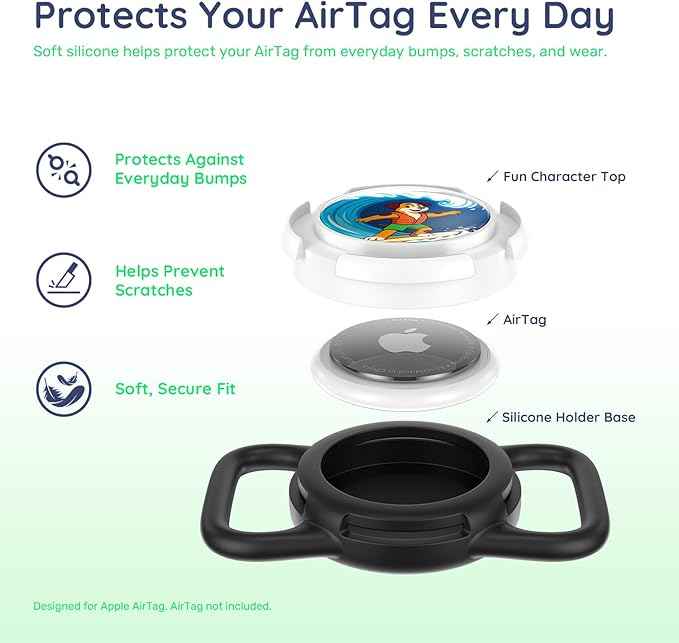 Dog AirTag Holder for Dog Collar, Soft Silicone Slide-On Case for Apple AirTag, No-Dangle Quiet Protective Holder with Eye-Catching Pet Character Designs, Black-Surfer