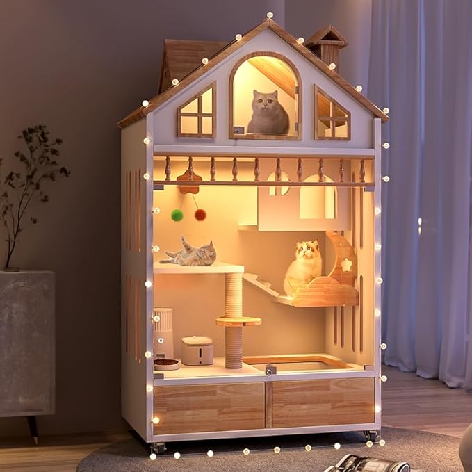 Enclosed Cat Condo, Large Wooden Cats House Indoor Cage Cat Enclosure on Wheels, Multi-Feature Enclosed Condo with Litter Box Drawer for Indoor Cats,63" X 35" X 24" (White, 63" X 35" X 24")