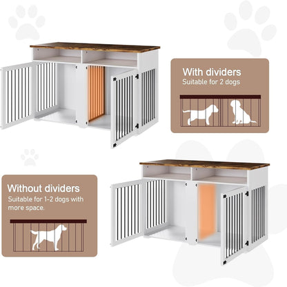 Dog Crate Furniture for 2 Dogs, 55 Inch Dog Crate Indoor with Removable Divider and Shelf Storage, Wooden Dog Crates for Medium/Large Dogs, White