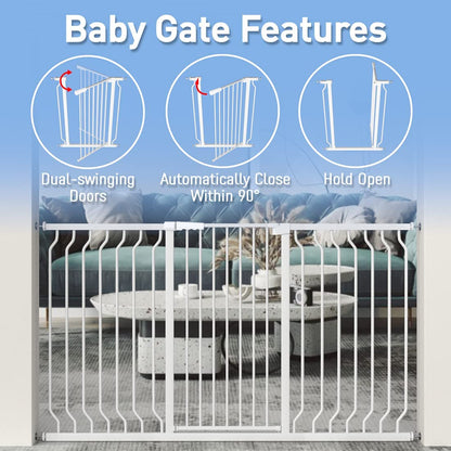 WAOWAO Extra Tall 40.55" Baby Gate 73.62-80.70" Wide Pressure Mounted Walk Through Swing Auto Close Safety White Metal Toddler Child Dog Pet for Indoor Stairs,Doorways,Kitche