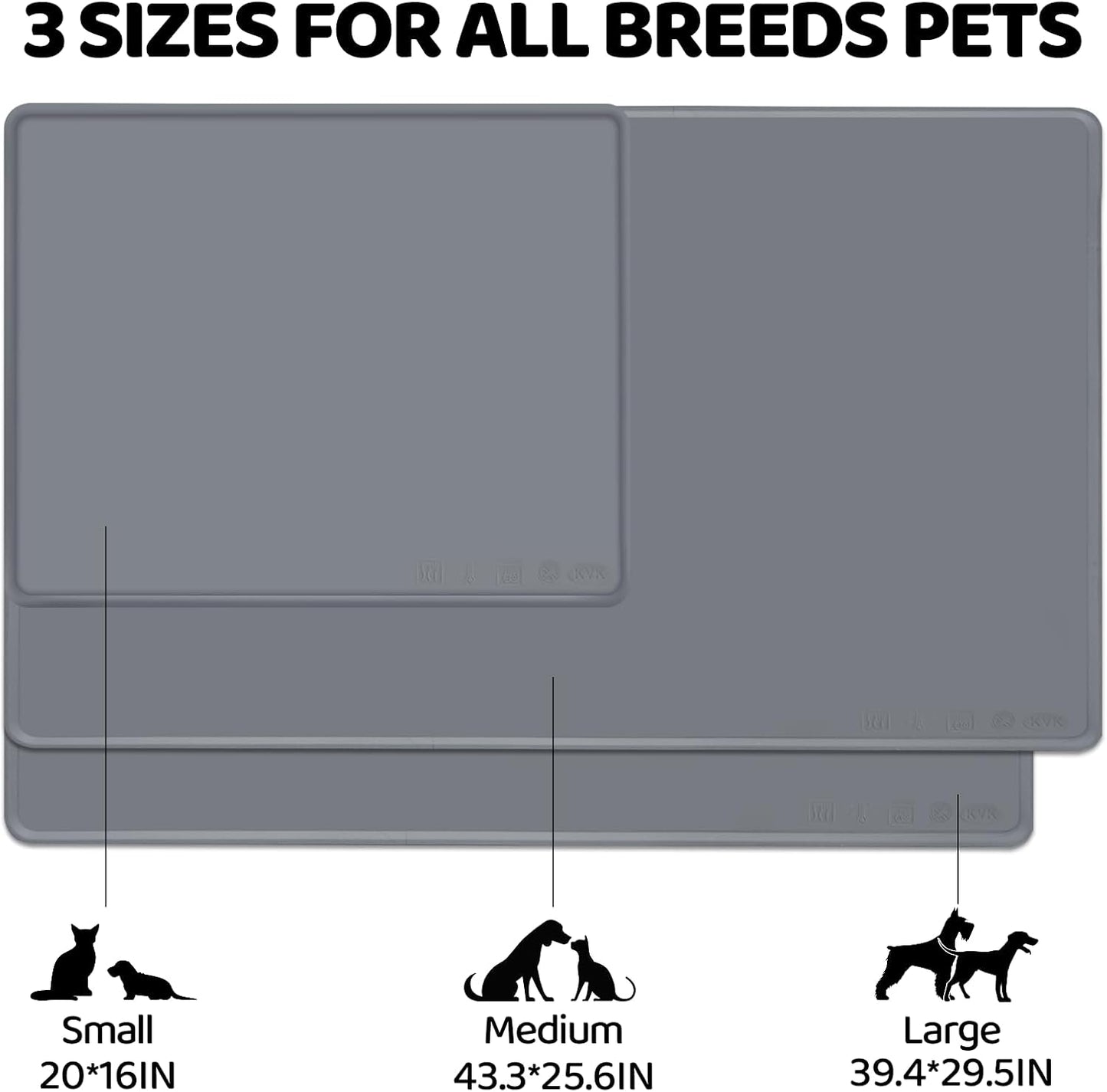 KVK Dog Water Mat 2-Pack 20×16in - Silicone Dog Mats for Food and Water, Non-Slip Pet Feeding Mat for Floors, Waterproof Cat Bowl Mats to Prevent Spills -Dark Gray & Silver Gray