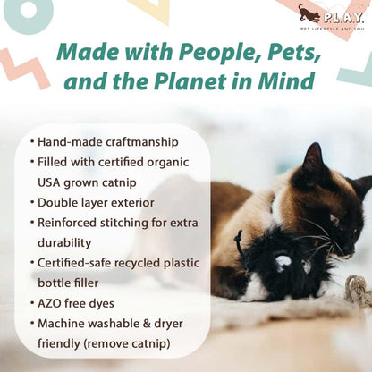 P.L.A.Y. Cute Plush Cat Toys - Feline Frenzy Animal Critter Themed Catnip Filled Toy, Great for Adult Cats and Kittens - Machine Washable, Recycled Materials, Crinkles, Rope Knots (Frisky Furball)