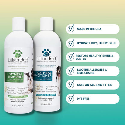 Lillian Ruff Starter Pack Gift Set for Dogs | Oatmeal Shampoo, Oatmeal Conditioner, Waterless Shampoo Citrus, Ear Cleaner & Otic Wax Solvent, Breath Spray, Leash Clip Waste Bag Dispenser with 15 Bags