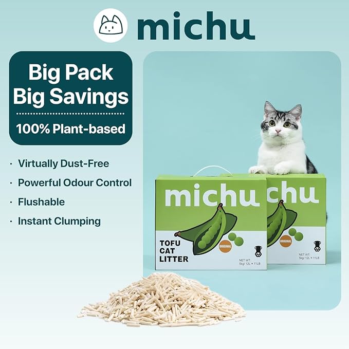 Michu Tofu Cat Litter Gen3 – 100% Natural & Biodegradable Clumping Formula, Fast-Clumping, Odor-Control, Flushable, Low-Tracking, Dust-Free – Value Box, 1 Box=11 lb, Original