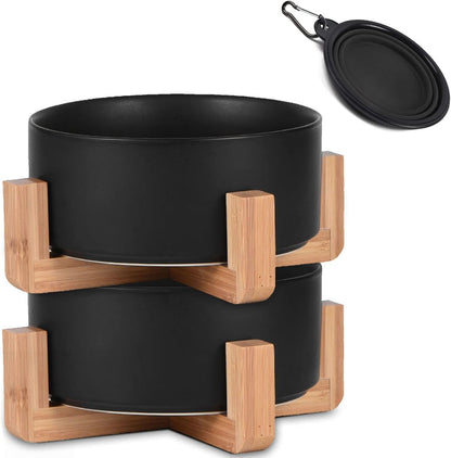 Petygooing Ceramic Black Cat Dog Bowl Set with Stand,Pet Food and Water Dish,Medium Pet Bowls Anti-Slip Set of 2 Cat Bowls-Pet Food Dishes- Small Medium Size Dog (28 OZ /3.6 Cups)