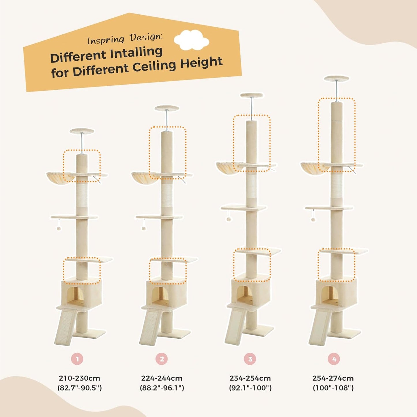 PEQULTI Floor to Ceiling Cat Tree, Tall Cat Tower, Adjustable Height (83''-108'') 5 Levels Climbing Tree for Indoor Cats with Cat Condo, Cozy Hammock and Scratching Post, Beige