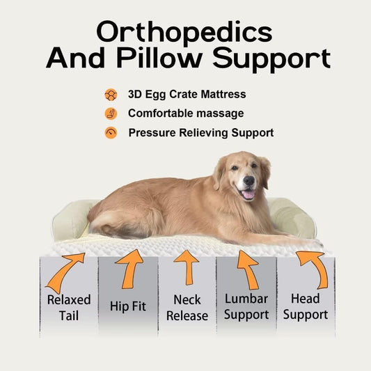 Large Dog Bed Orthopedic Washable: Extra XL XLarge Big Dog Bed with Washable Bolster & Memory Foam Couch Sofa - Waterproof with Removable Cover - Beige