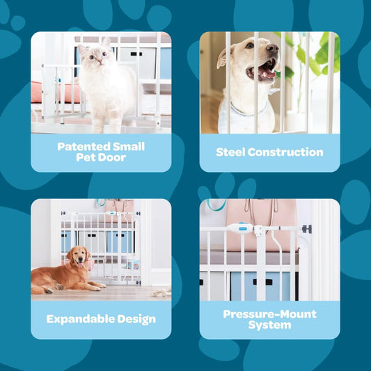 Carlson Extra Wide Walk Through Pet Gate with Small Pet Door, Includes 4-Inch Extension Kit, Pressure Mount Kit and Wall Mount Kit,White