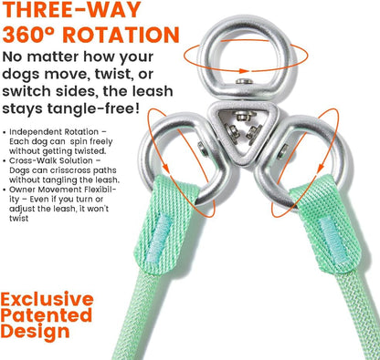 Howgo Double Slip Leash Slip Lead | Dual Dog Lead for 2 Dogs,360° Swivel No Tangle | Dog Training Nylon Leash and Collar | Double Clip Coupler and Splitter | Lightweight Aluminum (Green, 3FT)