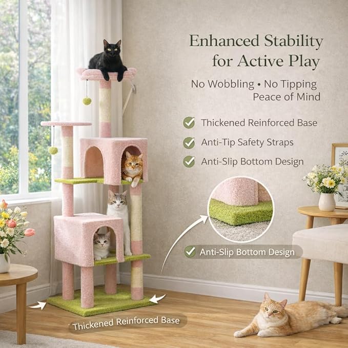 62" Flower Cat Tree for Large Cats, Multi-Level Cat Tower with 2 Plush Condos, Soft Bed, Scratching Posts & Pad, Padded Perch & 2 Hanging Pompoms for Indoor Cats,Pink
