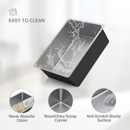 Ohtomber Stainless Steel Litter Box - High Sided Metal Cat Litter Box Pan, Never Absorbs Smell, Easy to Clean Non Stick Cat Litterbox Tray Toilet Pet Supplies for Indoor Kitty, Kitten, Rabbit, Puppy