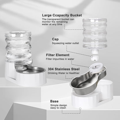 RIZZARI Dog Water Bowl Dispenser: 5L Automatic Stainless Steel Gravity Feeder - Large Capacity Ideal for Indoor and Outdoor Hydration