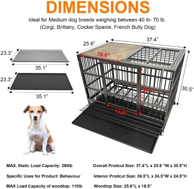 54/48/42/38 Inch Heavy Duty Funiture Dog Crate with Wheels, Indestructible and Escape Proof Wooden Kennel Indoor for High Anxiety Dogs with Double Door and Tray, Extra Large XL XXL