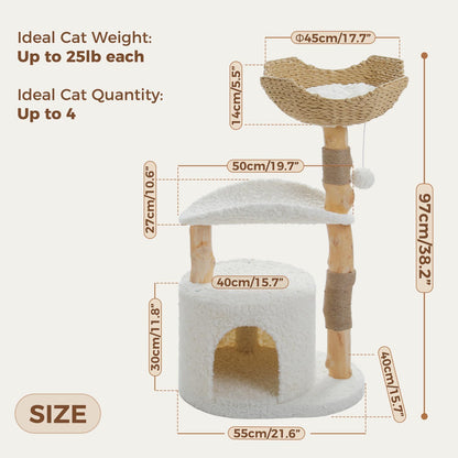 PAWZ Road Cat Tree for Indoor Cats Large Adults,38 Inches Modern Cat Tree Tower with Spacious Wicker Basket,Natural Solid Wood Scratching Posts,Curved Bed,Luxury Cat Condo for Large Cat