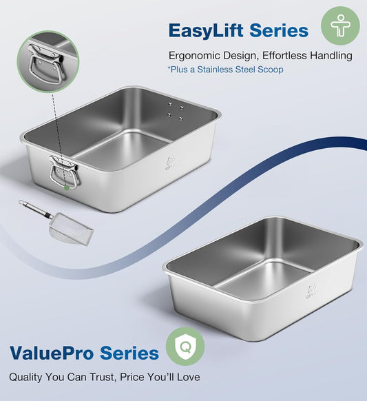 Stainless Steel Litter Box with Handle, Large Metal Cat Litter Box with High Sided for Big and Small Cats, Kitty Litter Boxes, Non-Stick, Easy to Clean, Odor-Free, Cat ToiletďźLitterbox