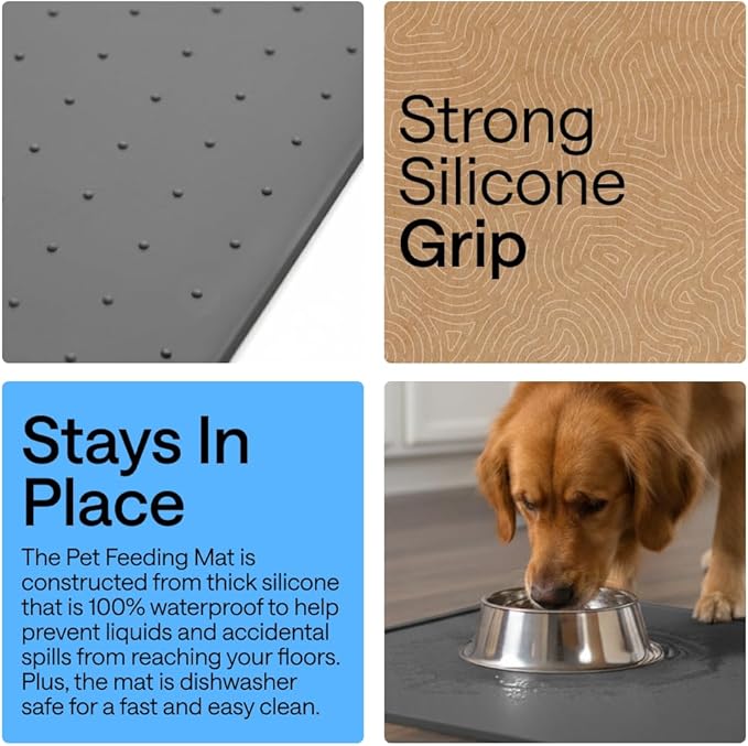 GORILLA GRIP 100% Waterproof Raised Edge BPA Free Silicone Pet Feeding Mat, Dog Cat Food Mats Contain Spills Protects Floors, Placemats for Cats and Dogs Water Bowl Pets Accessories 18.5x11.5 Charcoal