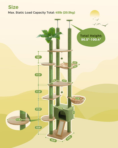 PEQULTI Tall Cat Tree, Floor to Ceiling Cat Tree Tower Adjustable [90.5''-100.4''=230-252CM] with Cat Condo, Cat Hammock and Scratching Post, Climbing Tree for Indoor Large Cats, Green