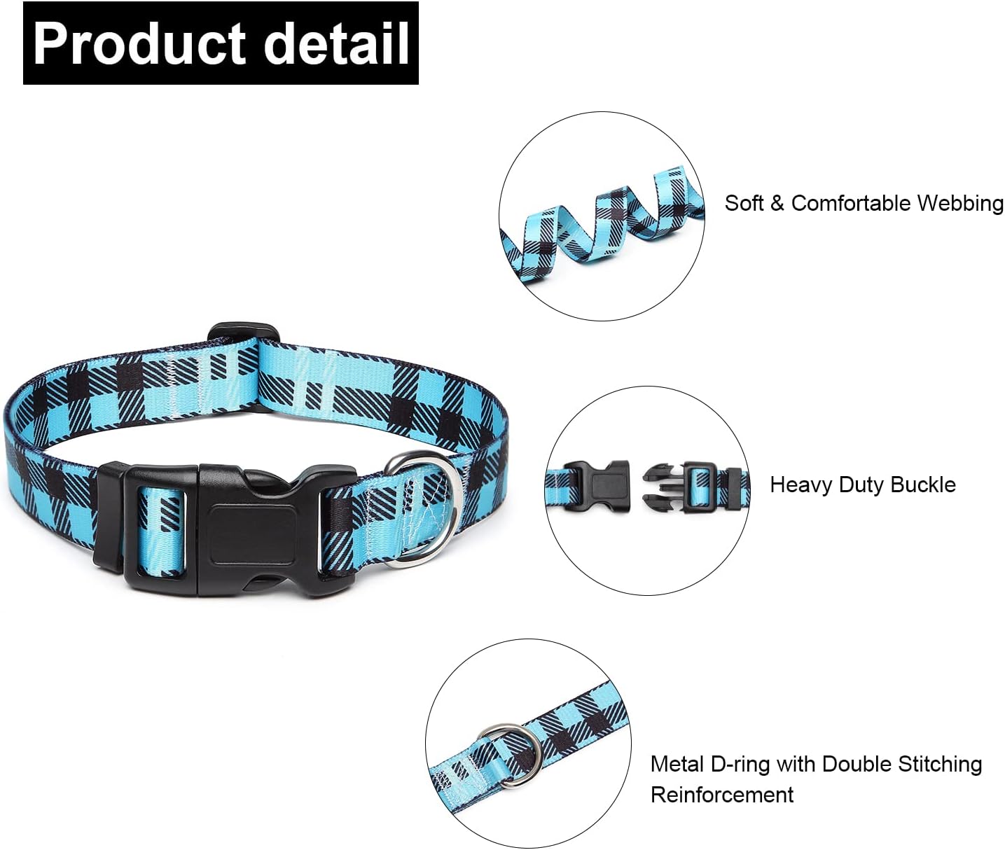 Mercano Adjustable Dog Collar - Special Design Patterns, Soft Nylon Comfortable Durable Pet Collar for Small Medium Large Dogs (L, Blue Plaid)