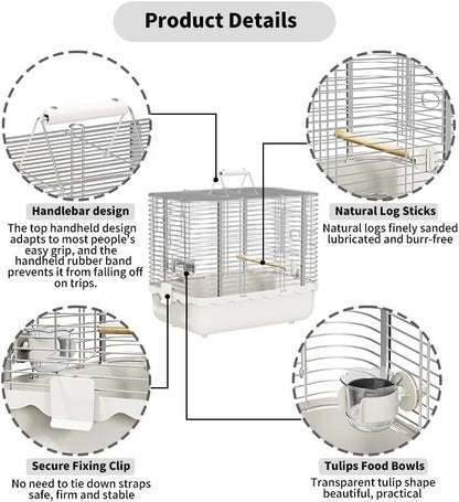 Bird Carrier Travel Cage, Durable Portable Stainless Steel Birdcage with Bird Perch & Feeding Bowl for Parrots Canaries Budgies Lovebirds Conures Cockatiels (Small White)