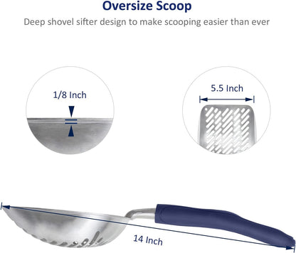WePet Cat Litter Scoop, Aluminum Alloy Sifter, Kitty Metal Scooper, Deep Shovel with Diagonal Sifting Hole, Long Handle, Kitten Poop Lifter for Litter Box, Large Size, Blue Handle