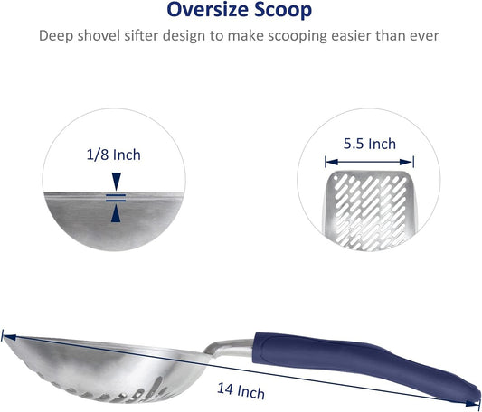 WePet Cat Litter Scoop, Aluminum Alloy Sifter, Kitty Metal Scooper, Deep Shovel with Diagonal Sifting Hole, Long Handle, Kitten Poop Lifter for Litter Box, Large Size, Blue Handle