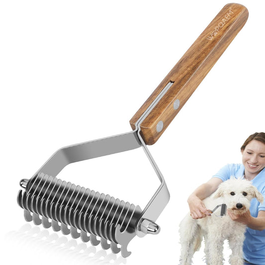 Undercoat Rake for Dogs - Dual-Sided Deshedding Blade, Wooden Handle, Professional Pet Grooming Tool with Matting Remover & Shedding Control for Double Coat Dogs & Long-Haired Cats, Large