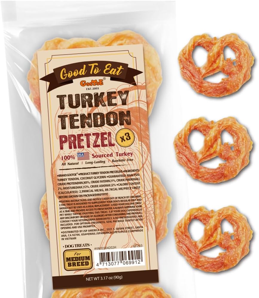 Gootoe Turkey Tendons for Dogs –All-Natural, Hypoallergenic Dog Treats, Rawhide Alternative, Long Lasting Puppy Chews, Healthy Dog Treats for Medium Breeds, Pretzel (M), 3 Count Pack