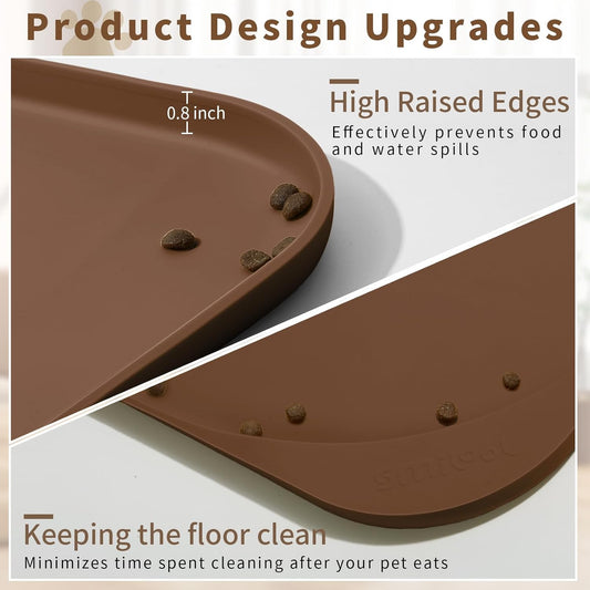 Silicone Pet Feeding Mat with Raised Edge & Residue Collection Pocket for Food and Water, Dog Bowl Mats, Cat Bowls Placemat with High Lip for Floor Waterproof, 22 x 14 x 0.8 Brown