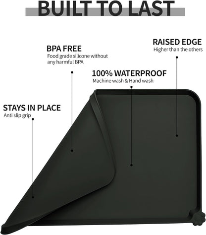 Waterproof Pet Feeding Mat with High Raised Edges, Heavier and Thicker Placemats for Cat Dog Water Bowl with BPA Free, Dogs Cats Food Mats for Messy Drinkers to Prevent Spill and Protect Floors