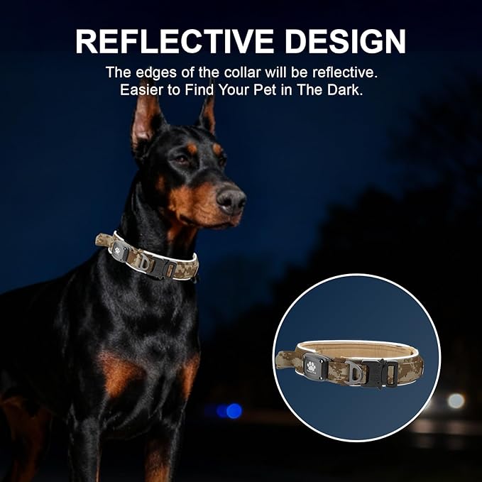 2026 Upgrade Dog Collar with IPX8 Waterproof AirTag Holder,Military Tactical Handle and Ultra-Durable Metal Buckle/Night Reflective,GPS Collar for Medium to Large Dogs (Camouflage Khaki/M)