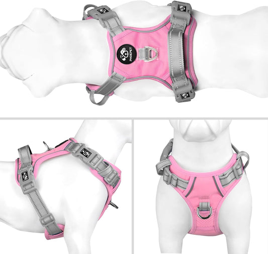 PHOEPET No Pull Dog Harness, Unique Colors Reflective Adjustable Dog Vest, with Soft Training Handle Metal Clips for Small Medium Large Dogs (Baby Pink Base & Grey Straps,XL)