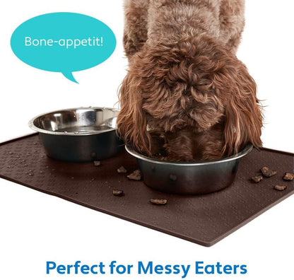 MIGHTY MONKEY 100% Waterproof Dog Food Mat, Raised Edges Silicone Pet Feeding Placemat for Cat, Dogs, Pet Bowls, High Lipped Tray Prevents Water Spills, Food on Floor, Dishwasher Safe, 18x12, Brown
