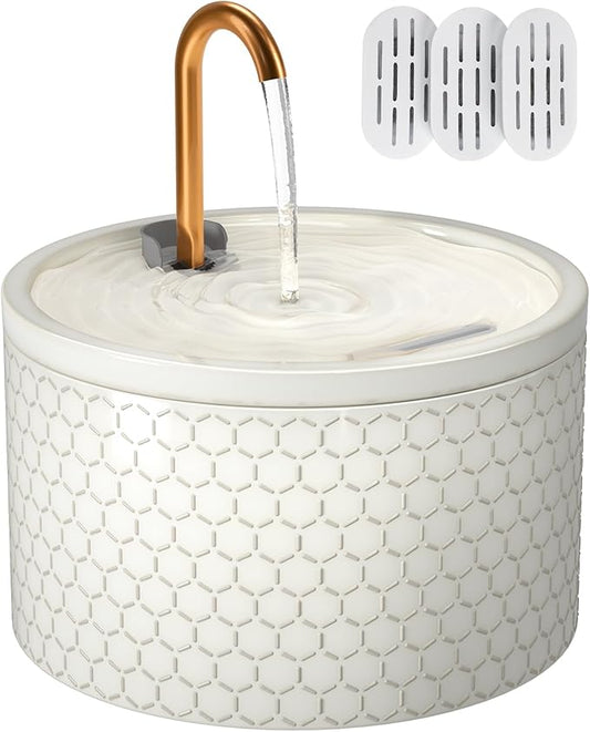 Ceramic Cat Water Fountain - 2.1L/71oz - Honeycomb Embossed All-Ceramic Body & Pure Copper Spout - Non-Toxic & Automatic Pet Drinking Fountain Indoor with Ultra-Quiet Pump, 3 Filters & Sponge