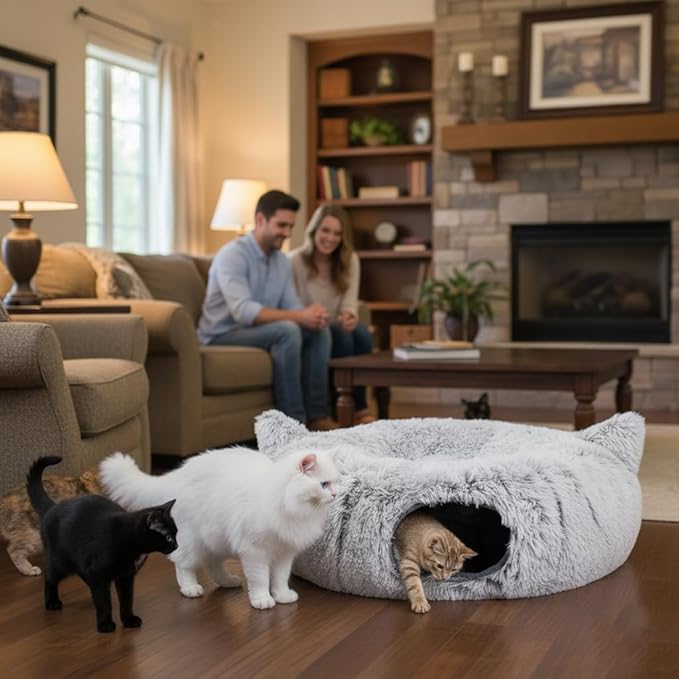 3-in-1 Cat Tunnel Bed Cave with Fun Catnip Interactive Stimulating Kitten Toys for Indoor Bored Cats - Peekaboo Hideaway & Donut Tunnel - Foldable Cute Furry Fuzzy Bed - 32"