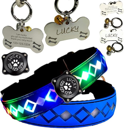 LED Dog Collar with AirTag Holder and Custom ID Tag, 15 Light Modes, Waterproof, Multiple Colors (Blue Pro, M(11.8-15.7"))