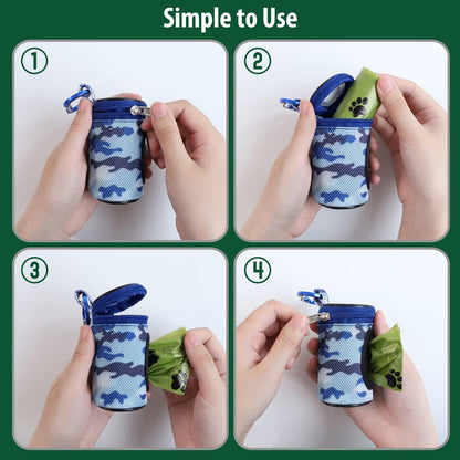 Dog Poop Bag Holder for Leash Doggie Waste Bag Dispenser Puppy Potty Carrier Small Doggy Zipper Pouch with Carabiner Clip 1680D Nylon Oxford with 1 Roll of Pet Trash Bags, Sky Blue Camo