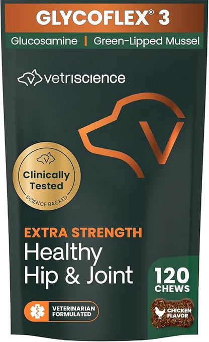 VetriScience Extra Strength Hip & Joint Supplement for Dogs, GlycoFlex 3 – Vet Formulated Glucosamine, MSM & Green-Lipped Mussel Chews for Mobility, Flexibility & Joint Support, Chicken Flavor, 120ct