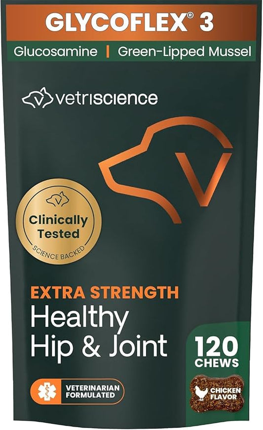 VetriScience Extra Strength Hip & Joint Supplement for Dogs, GlycoFlex 3 – Vet Formulated Glucosamine, MSM & Green-Lipped Mussel Chews for Mobility, Flexibility & Joint Support, Chicken Flavor, 120ct