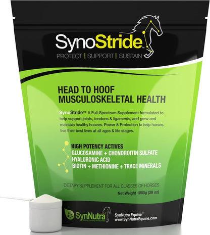 SynoStride All Natural, All-in-one, Joint and Hoof Health Supplement for Horses, Powder with Glucosamine, Chondroitin, Hyaluronic Acid, Biotin, Methionine, Trace Minerals, Made in USA (1080 Grams)