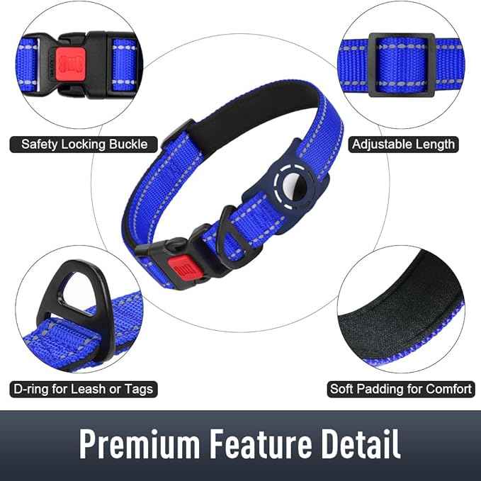 AirTag Dog Collar with AirTag Holder Compatible for Air Tag, Reflective Soft Padded, Safety Locking Buckle, Adjustable Nylon for Small Medium Large Dogs (NavyBlue,M)