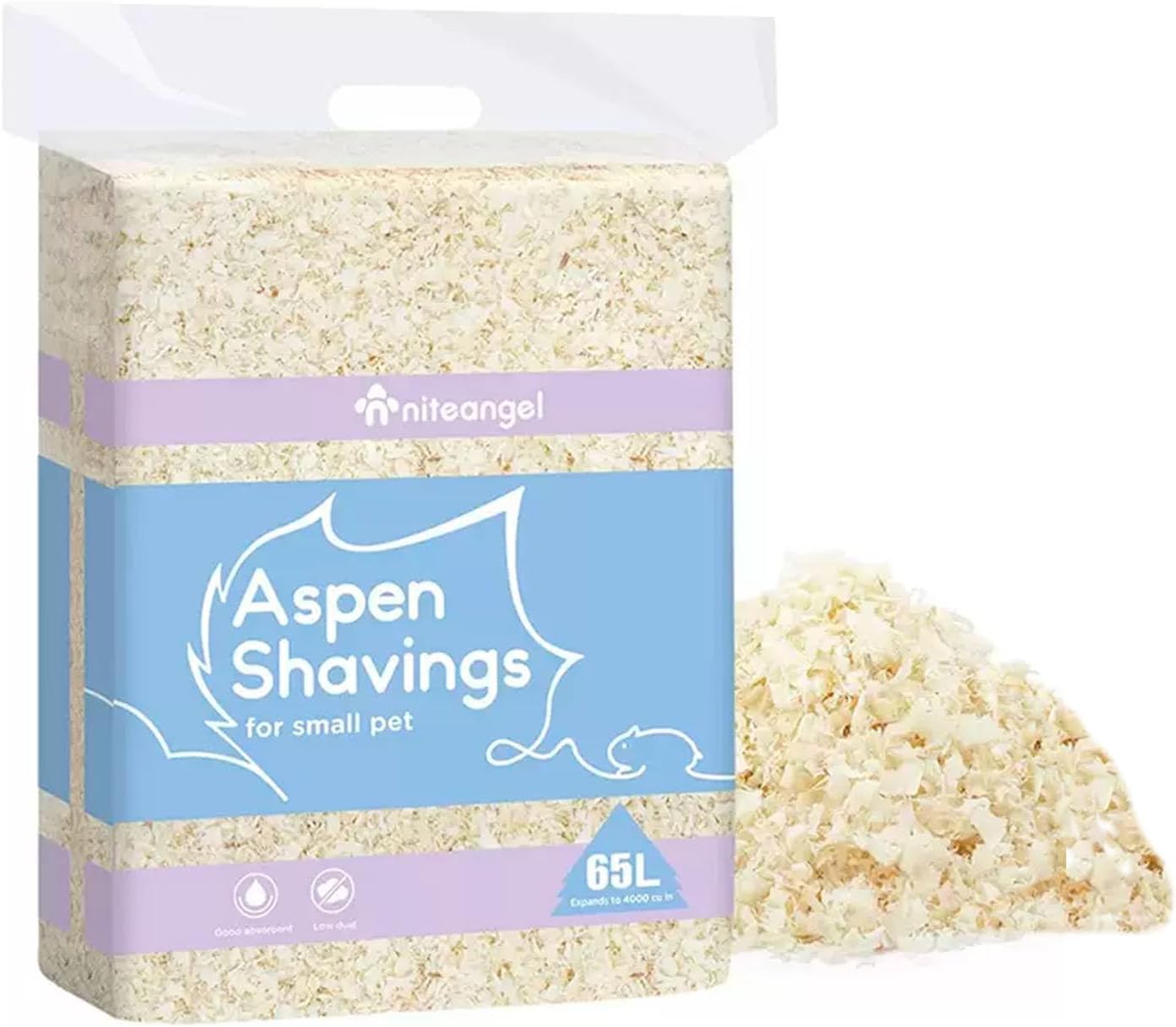 Niteangel Aspen Shaving Hamster Beddings for Syrian Dwarf Hamster Gerbil Mice Degu Rat Rabbit Bunny Guinea Pig Chinchilla Hedgehog or Other Small Pets (65L - 4mm) - Pawvie