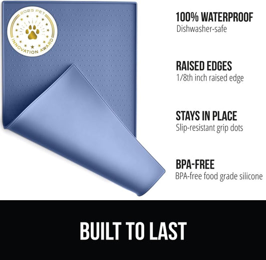GORILLA GRIP 100% Waterproof Raised Edge BPA Free Silicone Pet Feeding Mat, Dog Cat Food Mats Contain Spills Protects Floors, Placemats for Cats and Dogs Water Bowl, Pets Accessories 28x18 Blue