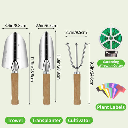 Garden Tool Set, 3 Pieces Gardening Kit with Garden Plant Twist Tie and Plastic Plant Tag, Stainless Steel Heavy Duty Garden Tools with Wooden Handle, Gardening Gifts for Women