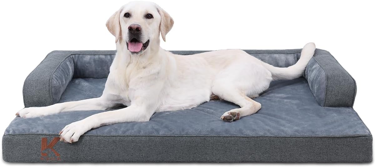KSIIA Orthopedic Dog Bed for Extra Large Dog，Washable Pet Sofa with U-Shaped Bolster Removable Waterproof Cover Non-Slip Bottom and Egg-Crate Orthopedic Foam Pet Couch Bed, 47 x 32 Inch, Dark Gray