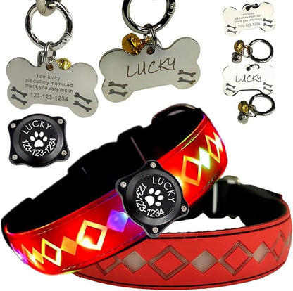LED Dog Collar with AirTag Holder and Custom ID Tag, 15 Light Modes, Waterproof, Multiple Colors (RED Pro, L(15.7-19.7"))