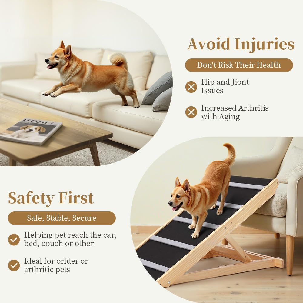 PawGiant Portable Dog Ramp for Bed, 39.4" L x 16.9" W Extra Wide Wooden Pet Ramp for Large Small Dogs, 5 Adjustable Heights from 14.5" to 26.3", Foldable Dog Ramp for Car Couch, Hold Up to 200LBS - Pawvie