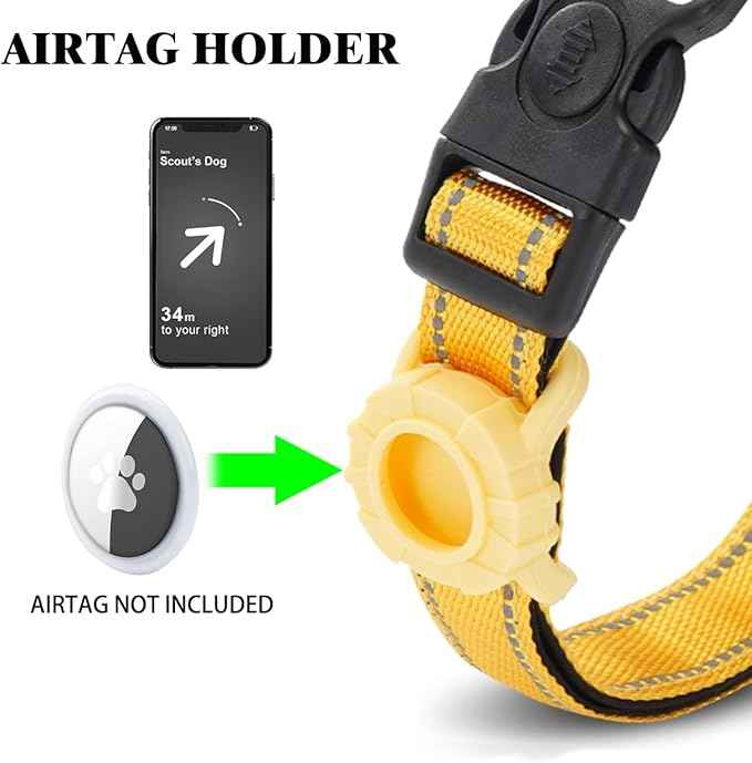 JSXD AirTag Dog Collar, Night Reflective Nylon Dog Collar for Small Medium Large Dogs,Lockable Quick Release Buckle,Padded Breathable Pet Collar with AirTag Holder (Yellow, Large)